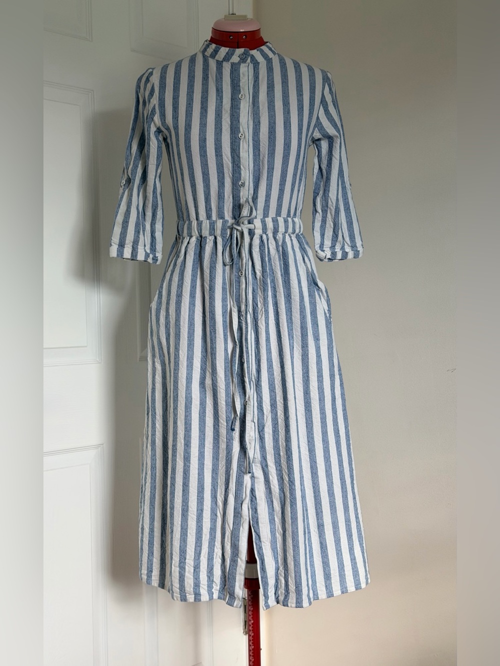 Striped Blue & White Tie-Waist Midi Dress
